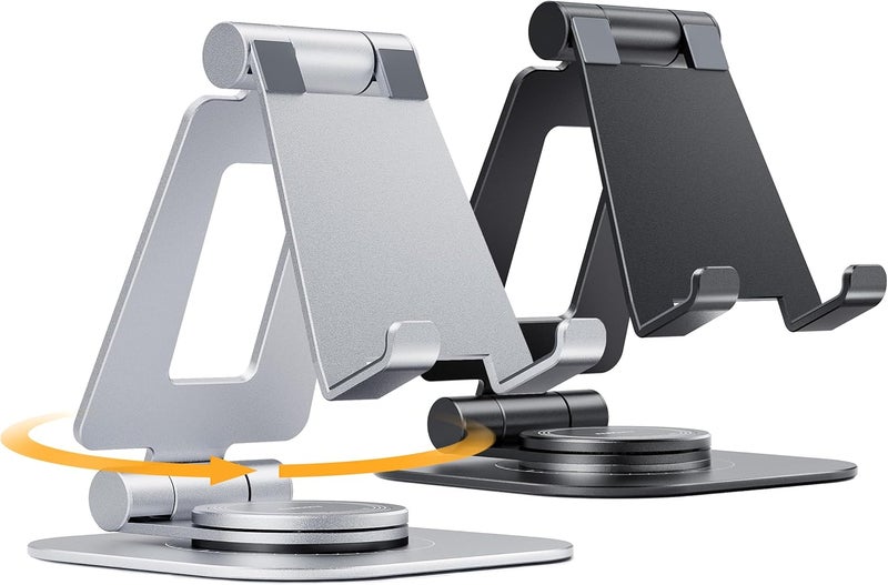 nulaxy 2-Pack 360 Rotating Phone Stand, Fully Adjustable Foldable Phone Holder, Aluminum Desktop Cradle with Swivel Anti-Slip Base, Office Accessories Dock for All Phones, Black & Silver - Image 1